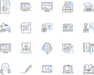 Remote business outline icons collection. Remote, Business, Work, Collaboration, Telecommuting, Communication, Digital vector and illustration concept set. Virtual, Technologies, Remotely linear signs