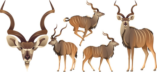 Big kudu african antelope realistic illustration rare animal - obrazy, fototapety, plakaty