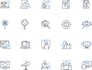 Research and development outline icons collection. Research, Development, Innovation, Adaptation, Experimentation, Advancement, Analysis vector and illustration concept set. Modification, Improvement