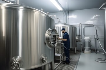 ..Male inspects stainless steel tanks during production process.