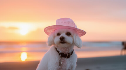 Perrito corriendo por la playa con sombrero.Ilustración de IA generativa
