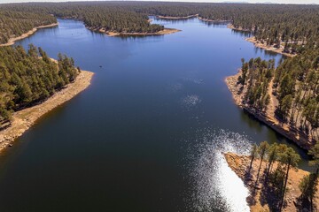 Aerial drone shot of Willow Springs Lake near a forest in Arizona, United States © Noah Hairston/Wirestock Creators