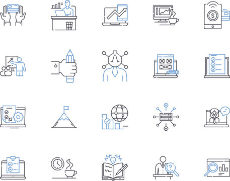 Product launch outline icons collection. Product, Launch, Release, Rollout, Unveil, Debut, Introduce vector and illustration concept set. Market, Promote, Brand linear signs