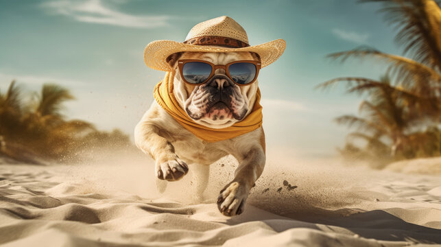 Adorable Perrito bulldog  corriendo de frente a la camara por la arena de luna playa idilica con palmeras, con sombrero de rafia  y pa&ntilde;uelo al cuello. concepto fondos de vacaciones de verano