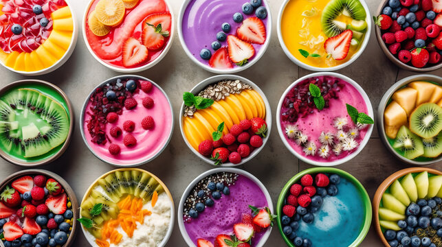 Various smoothie bowls with various vibrant fruit and berry toppings, AI generative flat lay, overhead top view