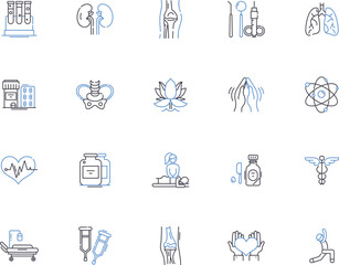 Medicine health care outline icons collection. Medicine, Health, Care, Treatment, Diagnosis, Surgery, Prescription vector and illustration concept set. Pharmaceuticals, Pharmacology, Medical linear