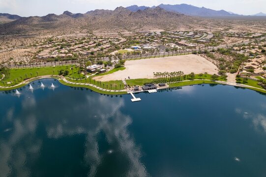 Aerial drone shot of Estrella Mountain Ranch and the North Lake in Starpoint Residents Club, Arizona