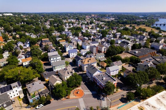Aerial drone shot of the cape cod houses of East Providence Expressway in Providence RI, USA