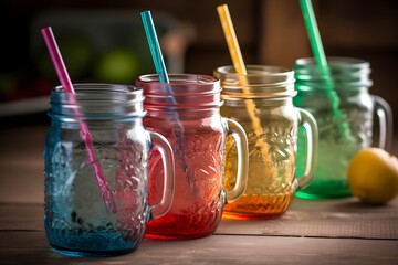 Fototapeta na wymiar ..Brightly-colored straws topped with vintage mason jars.