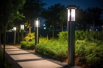 ..Illuminating modern garden walkway with a chic outdoor lamp.