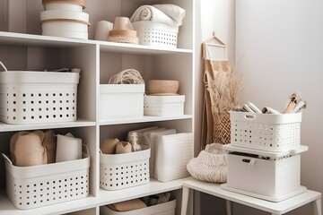 ..Scandinavian style white shelf with a storage basket for organizing.