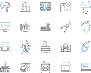 Interior design and renovation outline icons collection. Decorating, Furnishing, Upholstery, Wallcovering, Lighting, Refurbishment, Styling vector and illustration concept set. Space-planning