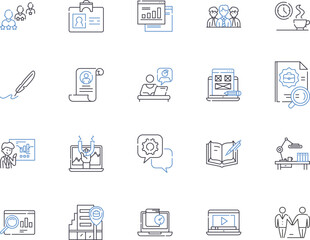 Remote team outline icons collection. Remote, Team, Digital, Workforce, Networked, Contractors, Connected vector and illustration concept set. Offsite, Telecommuting, Distributed linear signs