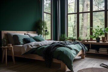 ..Cozy double bed with green blanket in a comfortable living space.