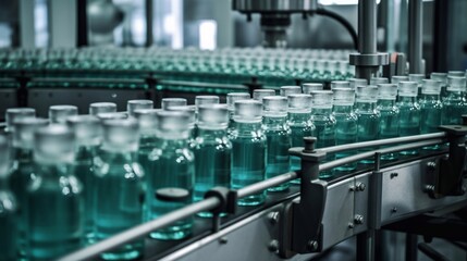 Pharmaceutical production background with clear glass bottles on automatic conveyor. Generative AI.