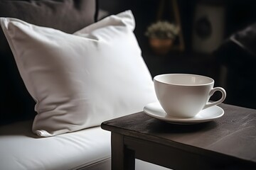 Fototapeta na wymiar ..A cozy white pillow and teacup sit atop a couch.