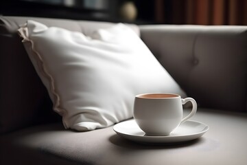 Fototapeta na wymiar ..A white pillow rests on a cozy couch, with a teacup