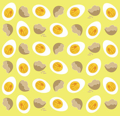 Połówki jajek ugotowanych na twardo i rozbite skorupki. Wzór z jajkami na żółtym tle. Gotowane i obrane jajka. Ozdobna tapeta z jajeczkami i skorupkami. Kolorowa ilustracja, rysunek wektorowy - obrazy, fototapety, plakaty