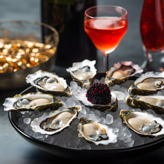 Serving tray with oysters lying on crushed ice with black caviar and a glass of rose champagne on a table, close up. Luxury seafood dinner in a fancy restaurant. AI
