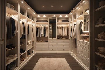 ..Relax in your lavish walk-in closet with lighting for the perfect - obrazy, fototapety, plakaty