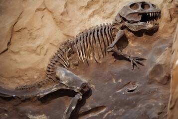 Fototapeta na wymiar 砂地で発掘された肉食恐竜の化石 