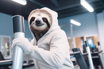 Sloth like an athlete on treadmill in gym. Generative AI - 592991856