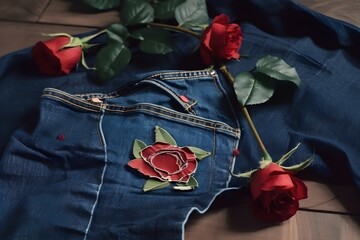 ..My beloved jeans are embroidered with a red rose and getting repaired.