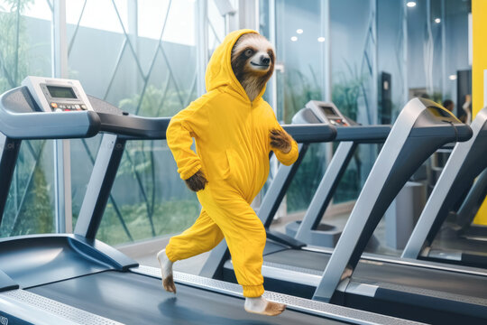 Sloth like an athlete running on treadmill in gym. Generative AI