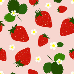 Red strawberries with green leaves and white flowers on a light pink background create a cute summer seamless pattern. 