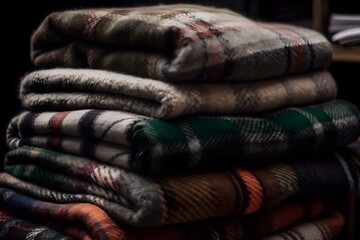 ..A colorful stack of woolen checked blankets ready for purchase.