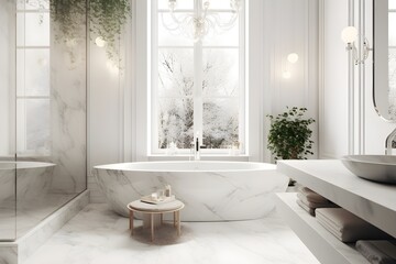 ..Modern bathroom with marble paneling providing a luxe feel.