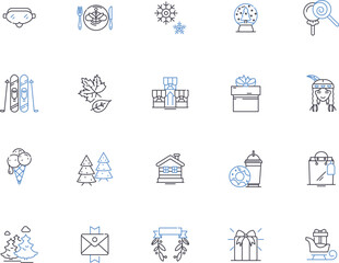Christmas outline icons collection. Yuletide, Noel, Present, Decorate, Garland, Elf, Wreath vector and illustration concept set. Pudding, Stocking, Reindeer linear signs