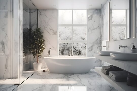 ..Elegant marble detailing elevates this chic bathroom space.