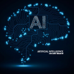 Abstract technological brain with Artificial Intelligence. Neon circuit board brain. Technology concept