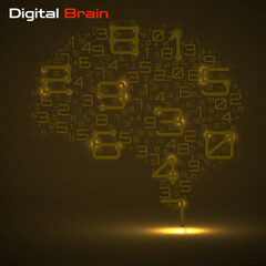 Digital brain with numbers. Artificial intelligence concept. Technology brain. Vector illustration