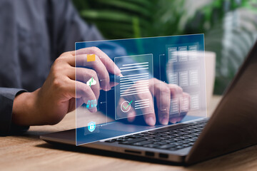 Data management and security of document concept, Businessman checklist online on a laptop,...