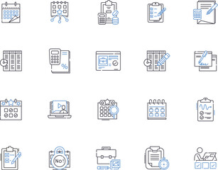 Time and date outline icons collection. Time, Date, Calendar, Clock, Hour, Minute, Second vector and illustration concept set. Day, Month, Year linear signs