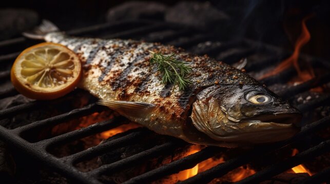 Grilled fishes with nice grill marks. Generative AI.