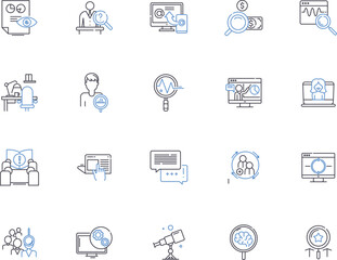 Research outline icons collection. Research, Investigation, Exploration, Analysis, Study, Inquiry, Assay vector and illustration concept set. Breakdown, Examine, Survey linear signs