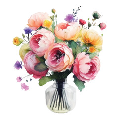 Vintage flower watercolor spring concept. Vintage flowers bouquet with spring flowers and leaves for invitation, greeting card, poster, frame, wedding, decoration and more.