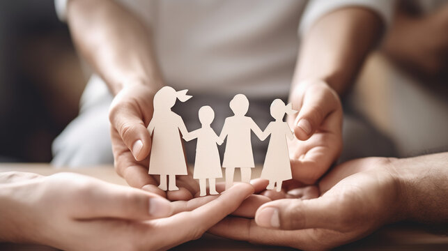 several hands holding paper silhouette of family on white background. insurance concept, generative ai
