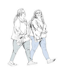 Fototapeta na wymiar Sketch, young women walking in the city. Collection of silhouettes for your project. 