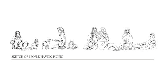 Group of people, tourists having a picnic in park. People relaxing and having a lunch. Sketch. Collection of silhouettes for project.