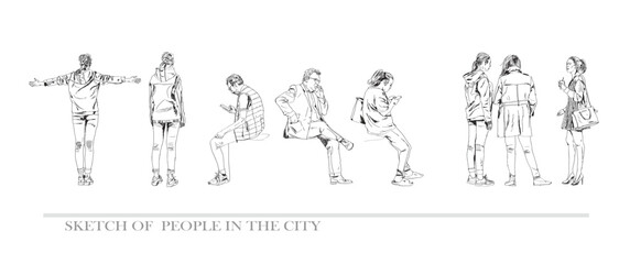 Group of people sitting and talking in the city. Sketch. Collection of silhouettes for your project. 