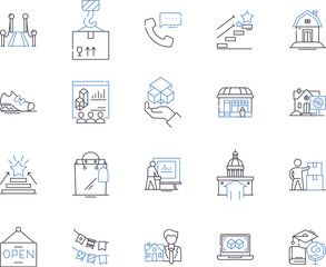 City delivery outline icons collection. Urban, Delivery, City, Dispatch, Shipment, Courier, Postal vector and illustration concept set. Freight, Logistics, Fleet linear signs