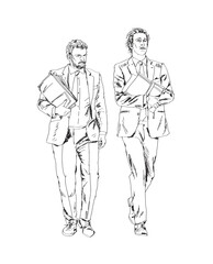 Fototapeta na wymiar Sketch, business people walking in the city. Collection of silhouettes for your project. 