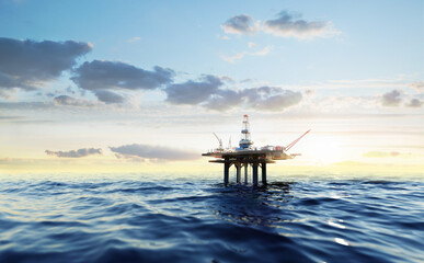 Fototapeta na wymiar Oil platform in the sea at sunset. Oil mining concept. 3d rendering illustration