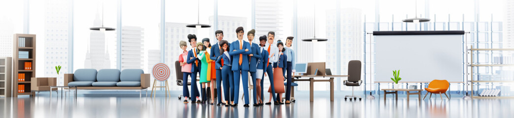 Successful business people, business team stay in line in office and smile to camera. 3D rendering illustration	