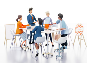 Group of business people collaborating on a project by a desk, talking and sharing ideas. 3D rendering illustration	