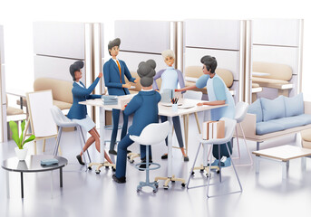 Fototapeta na wymiar Group of business people collaborating on a project by a desk, talking and sharing ideas. 3D rendering illustration 